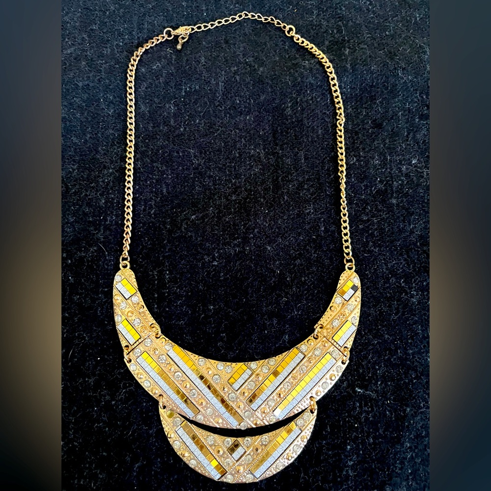 EUC Runway Style Gold Tone and Rhinestone Bib Style Necklace